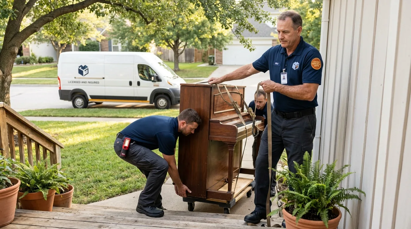 Licensed piano movers securing grand piano in Pana, IL