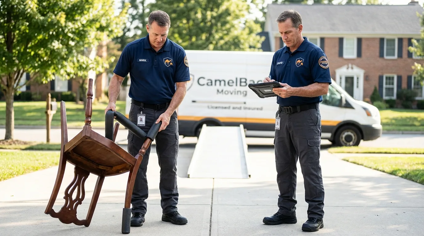 Movers inspecting furniture for damage prevention before loading in Pana, IL