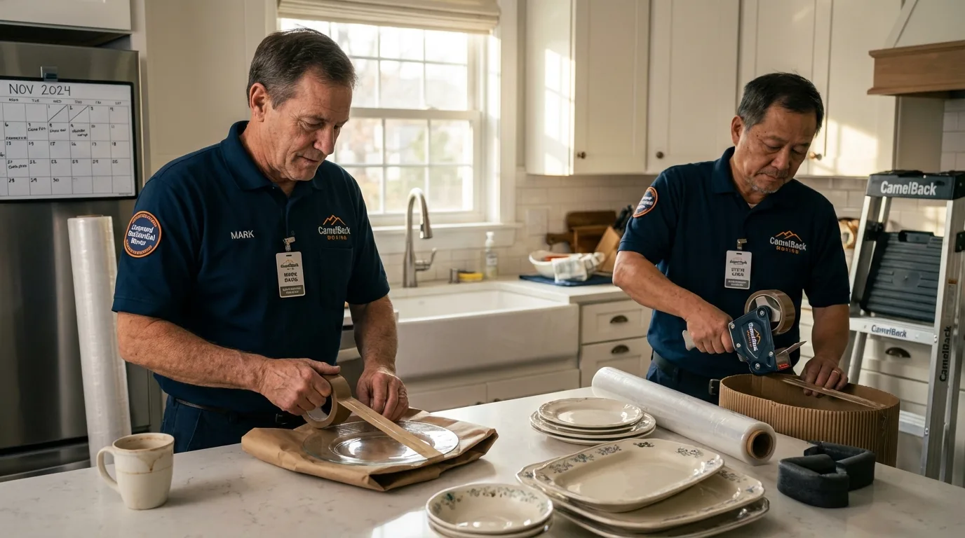 Professional crew packing kitchen dishware in Pana, IL
